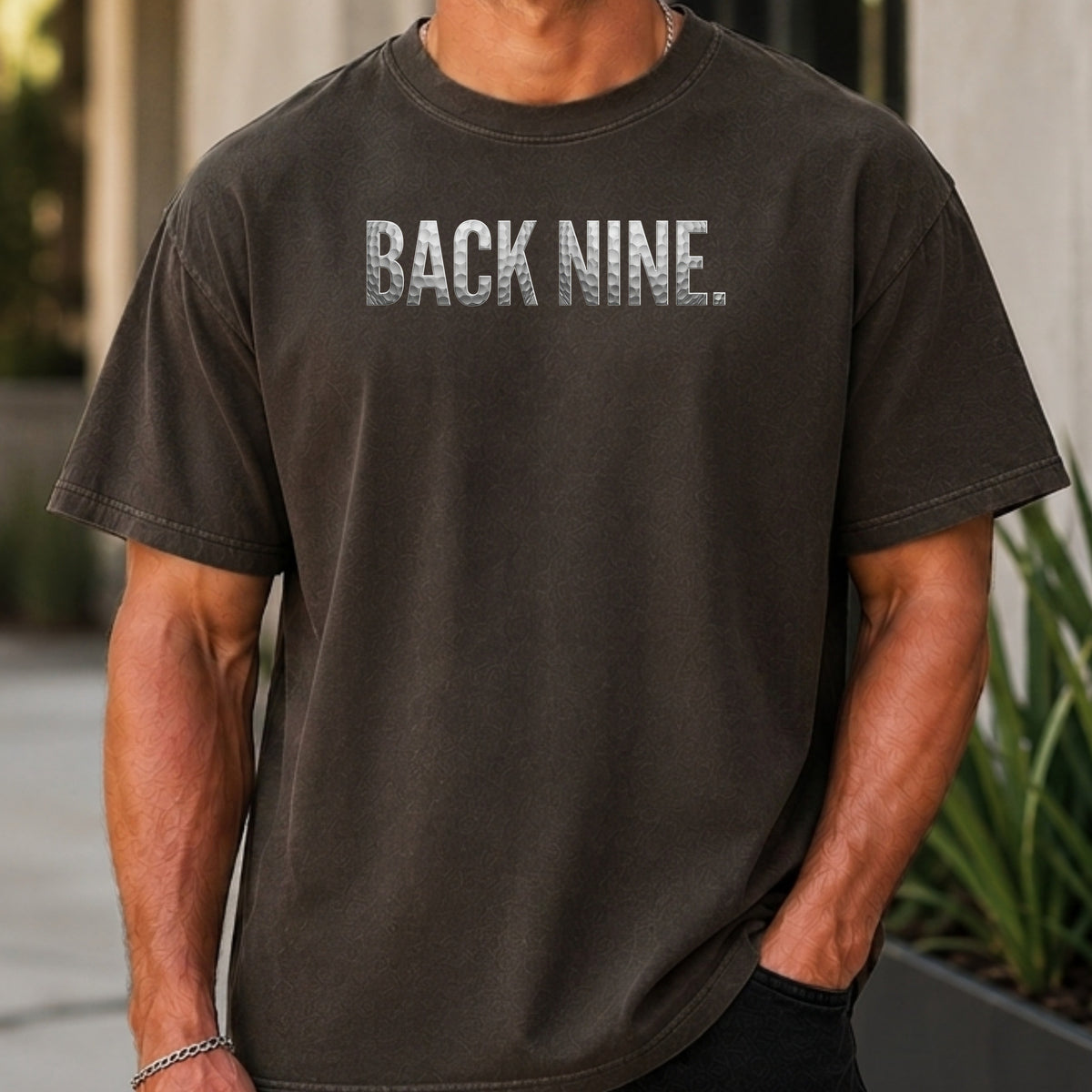 Back Nine Dimples Premium Tee worn, Pepper