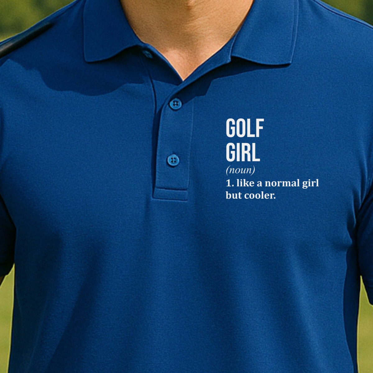 Golf Girl Performance Polo worn on the golf course, Royal