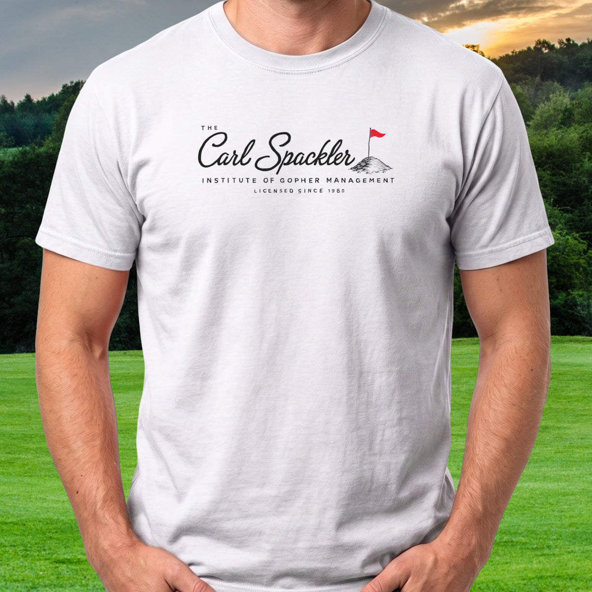 Carl Spackler Institute Of Gopher Management Tee worn on the golf course, White
