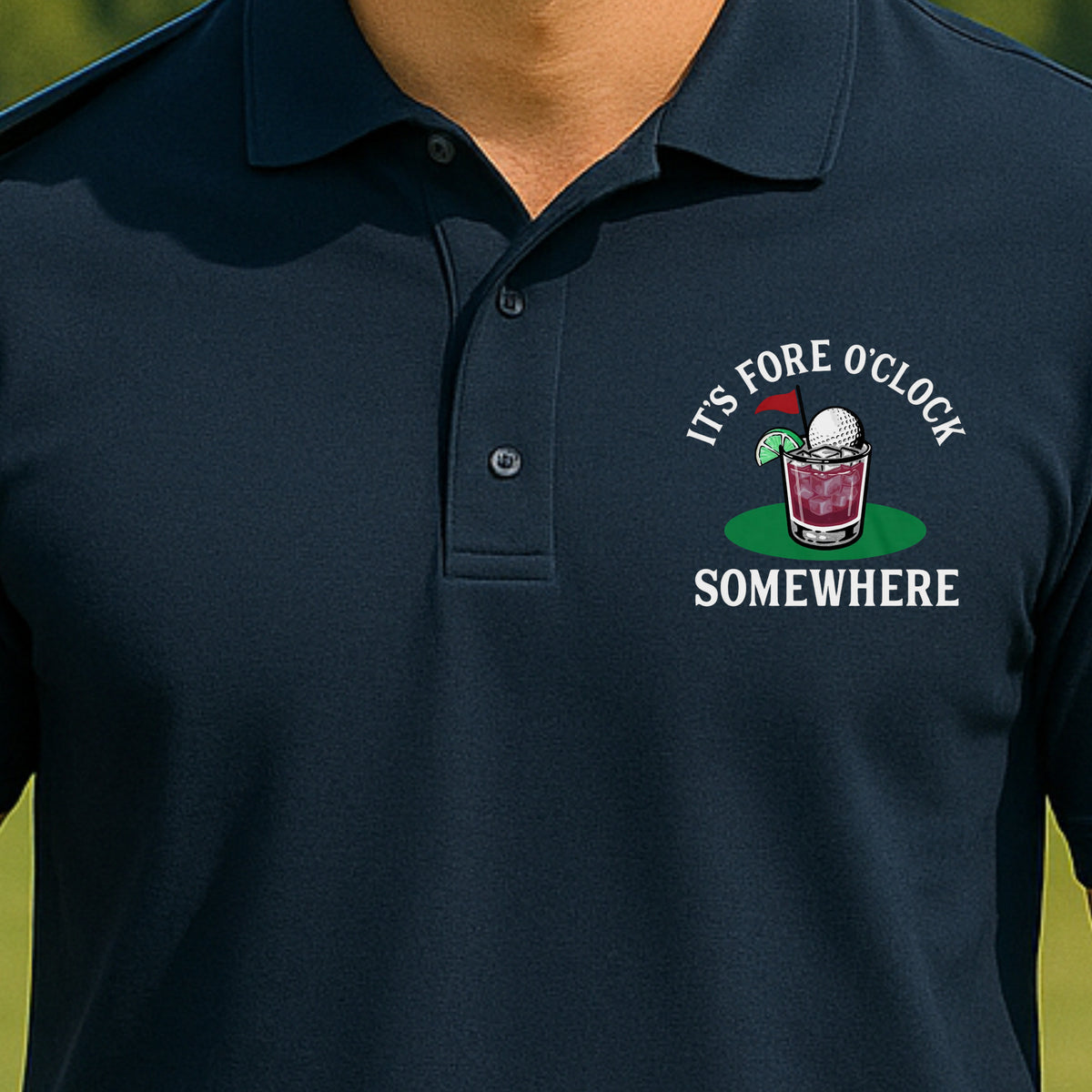 Fore O'Clock Somewhere Performance Polo worn on the golf course, Navy
