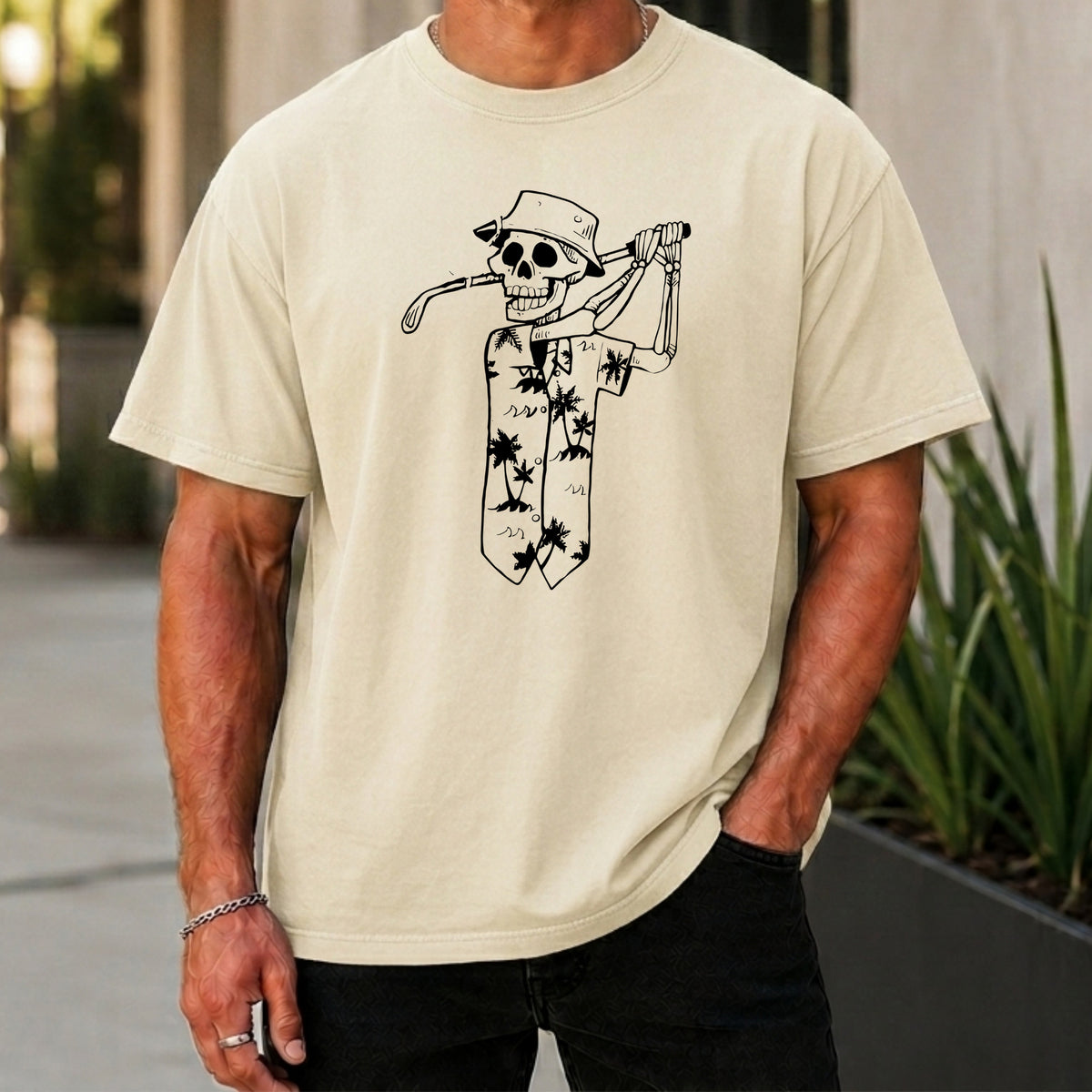 Tropical Skeleton Premium Tee worn, Ivory