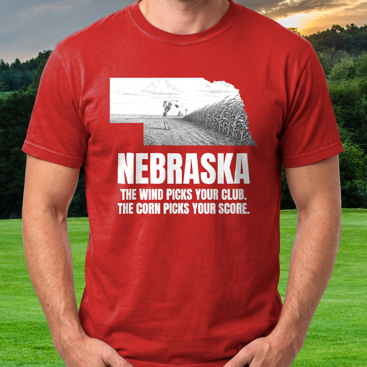 Nebraska The Wind Picks Your Club The Corn Picks Your Score Tee worn on the golf course, Red