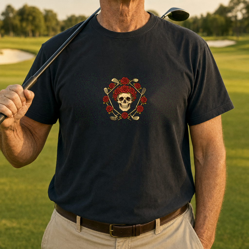 Rose Crown Emblem Tee worn on the golf course, Black