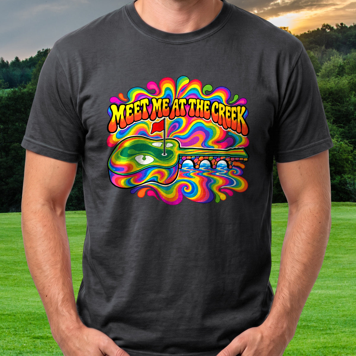 Meet Me At The Creek Tie Dye Tee worn on the golf course, Black