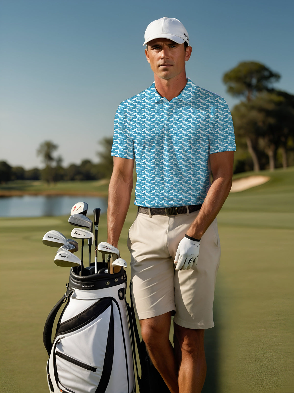 Blue Waves Performance Print Polo worn on the golf course