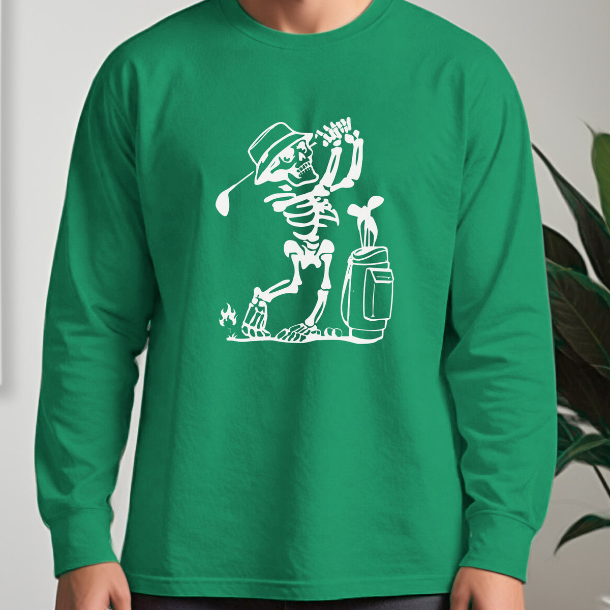 Skeleton Golfing! Long Sleeve Tee worn, Irish Green