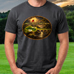 Meet Me At The Creek Oil Painting Tee worn on the golf course, Black
