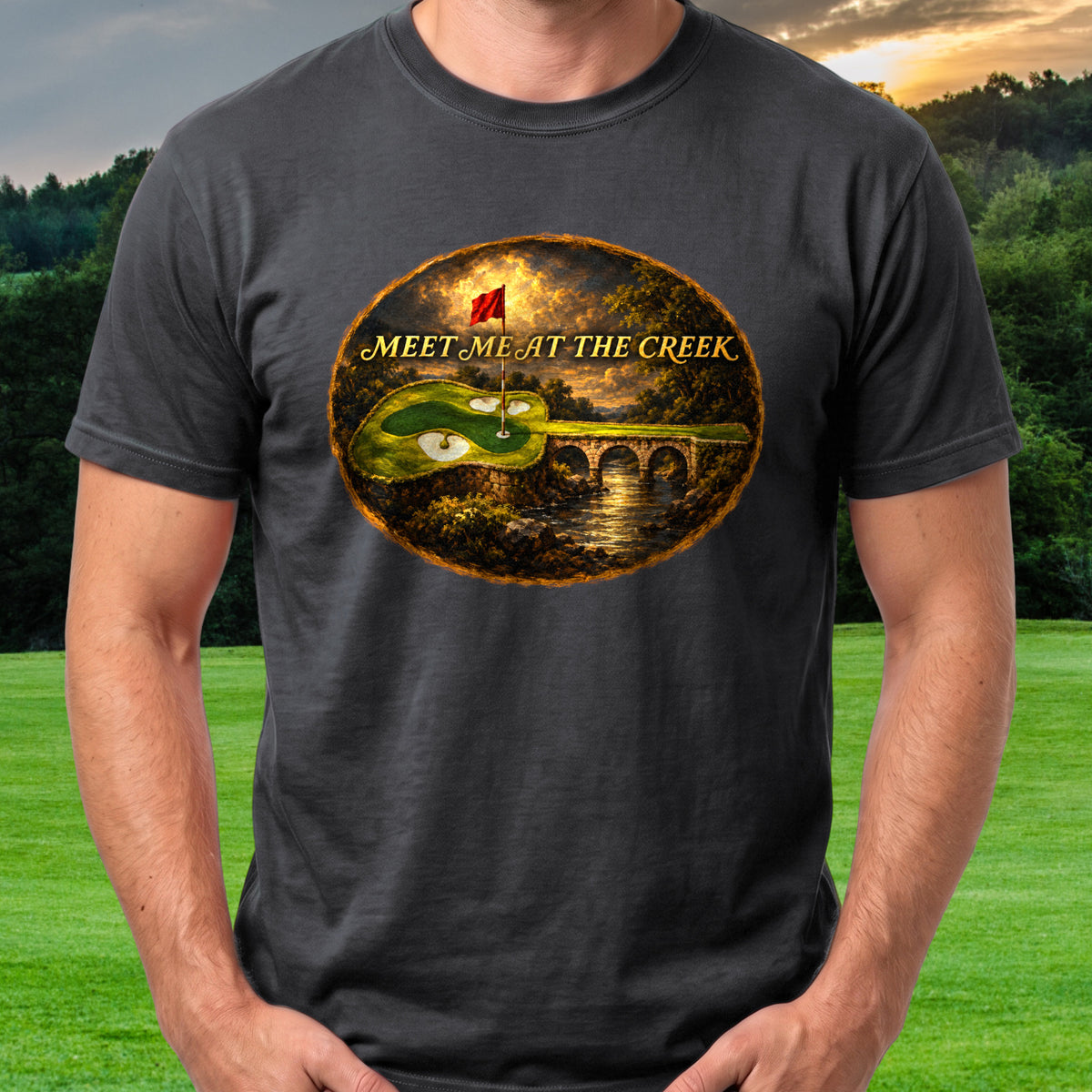 Meet Me At The Creek Oil Painting Tee worn on the golf course, Black