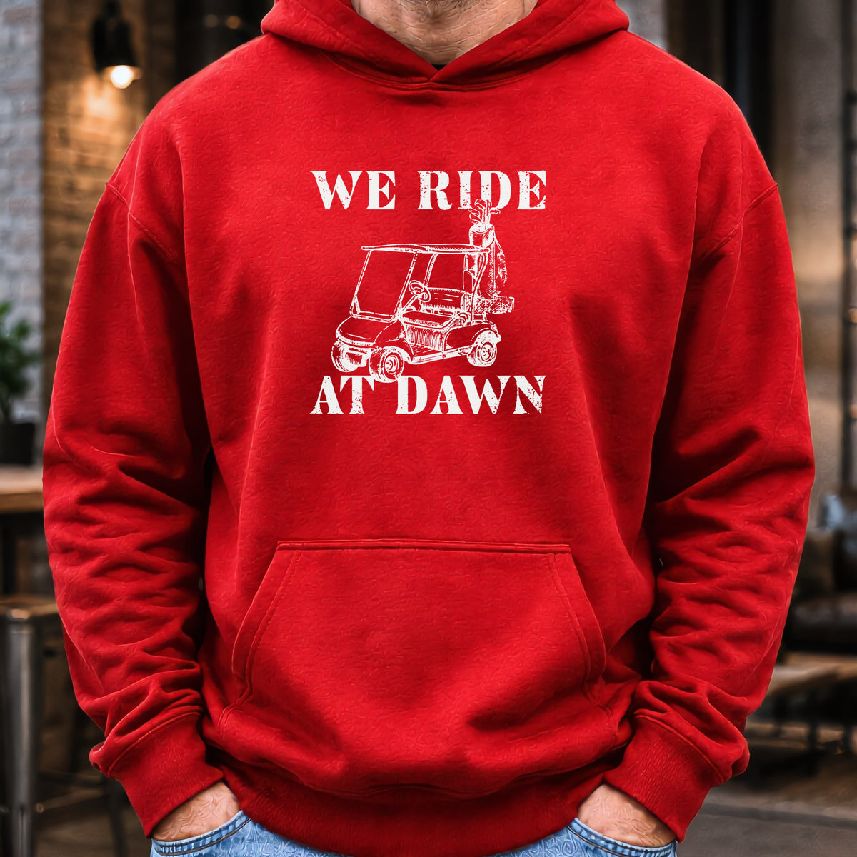 We Ride At Dawn Cart Hoodie worn, Red