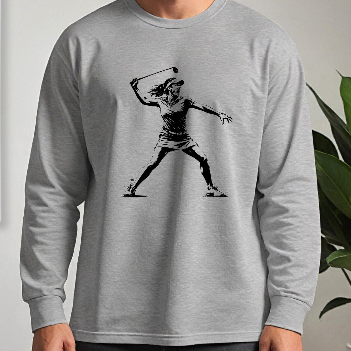Angry Female Golfer Long Sleeve Tee worn, Sport Grey