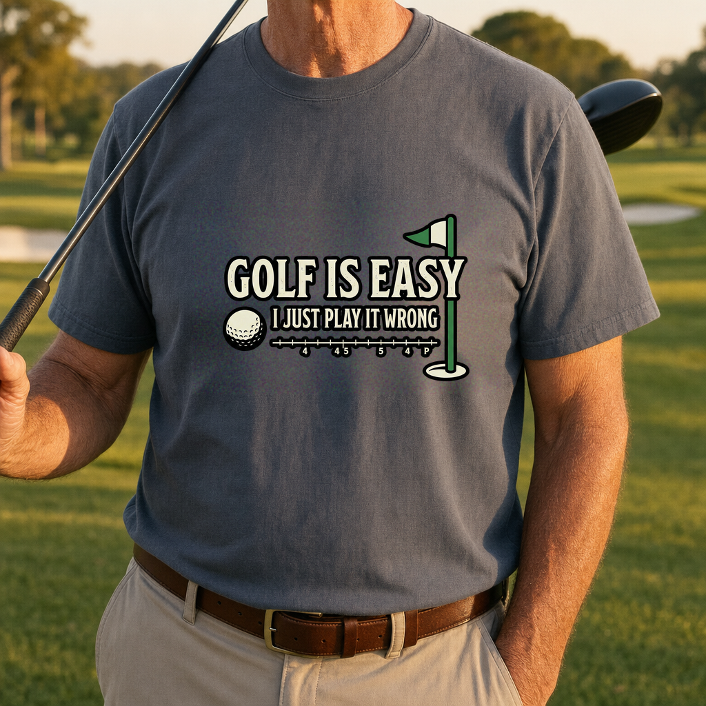 Golf Is Easy Tee worn on the golf course, Dark Heather