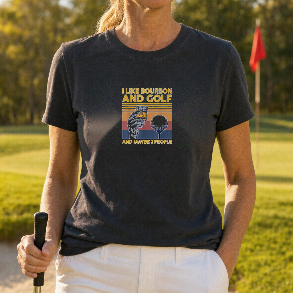 I Like Bourbon and Golf Heavyweight Tee worn on the golf course, Pepper