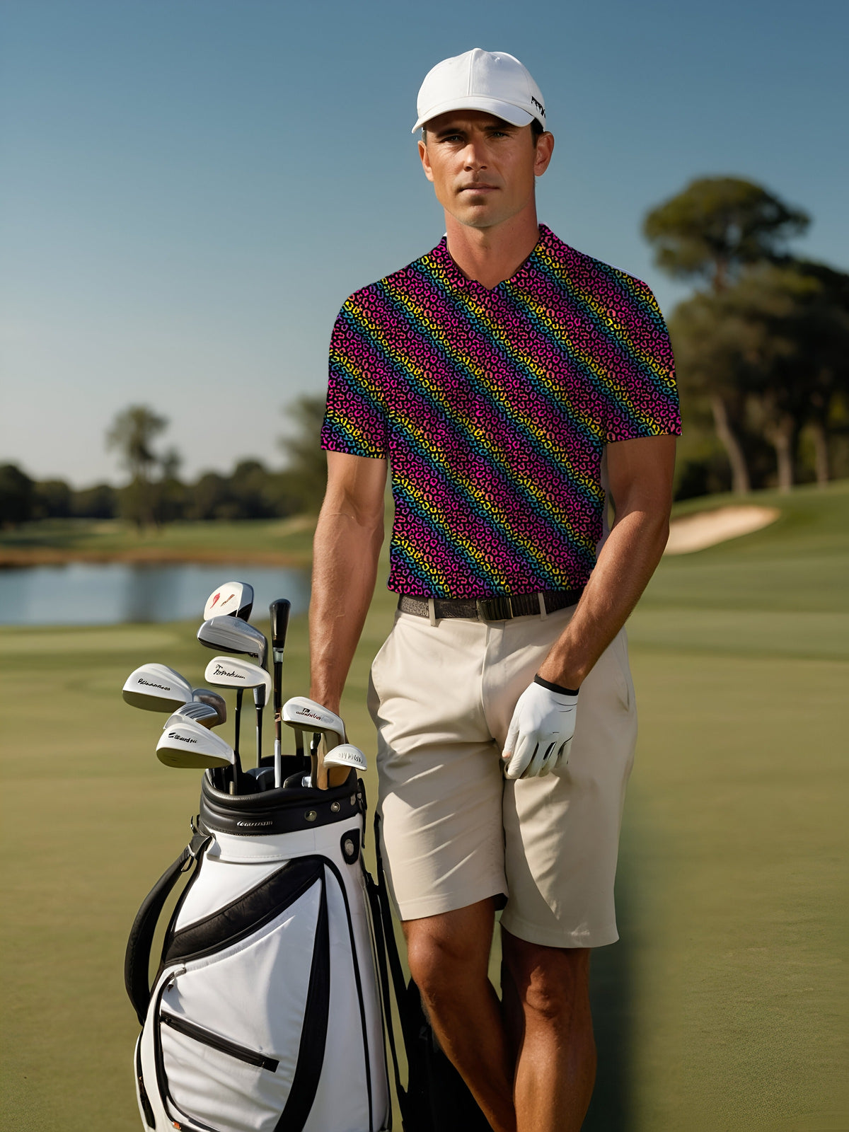 Rainbow Leopard Performance Print Polo worn on the golf course