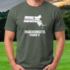 Massachusetts Pahked It Tee worn on the golf course, Military Green