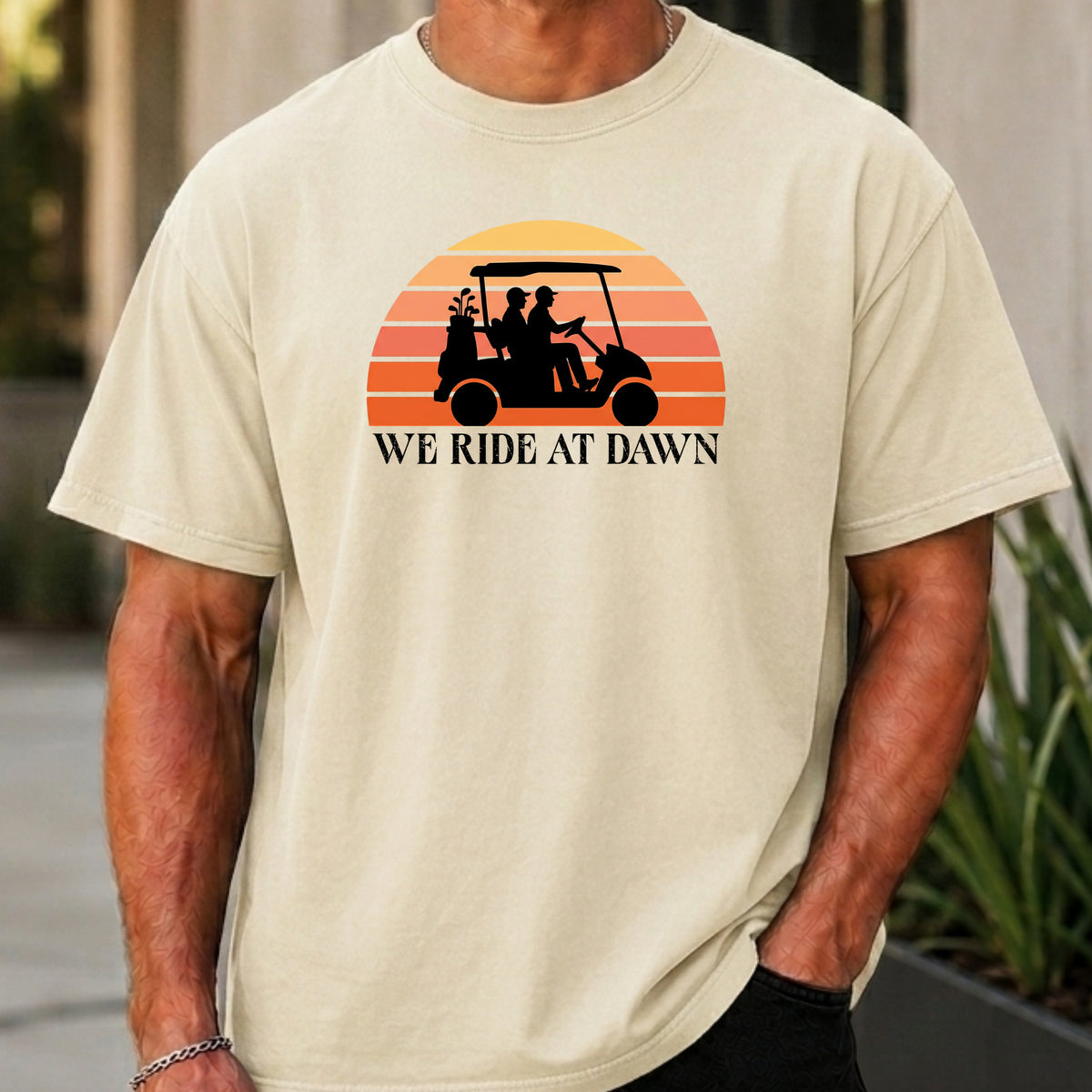 We Ride At Dawn Sunrise Premium Tee worn, Ivory