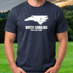 North Carolina First In Ball Flight Tee worn on the golf course, Navy