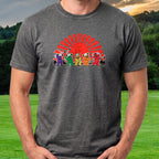 Golf Swing Bears Red Sun Tee worn on the golf course, Dark Heather