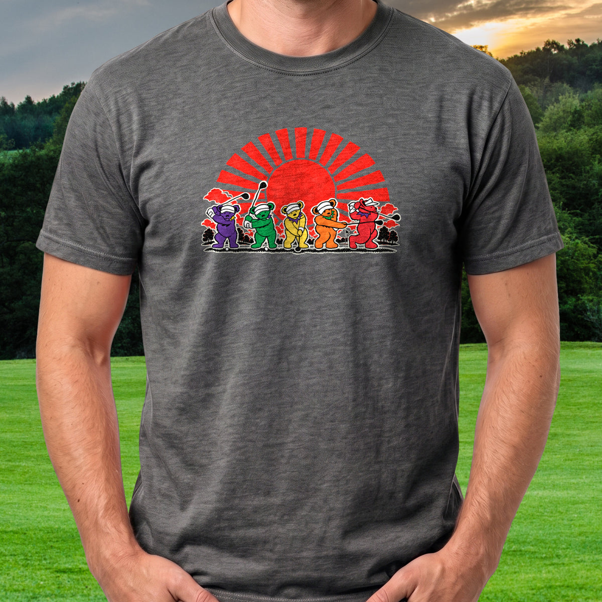 Golf Swing Bears Red Sun Tee worn on the golf course, Dark Heather