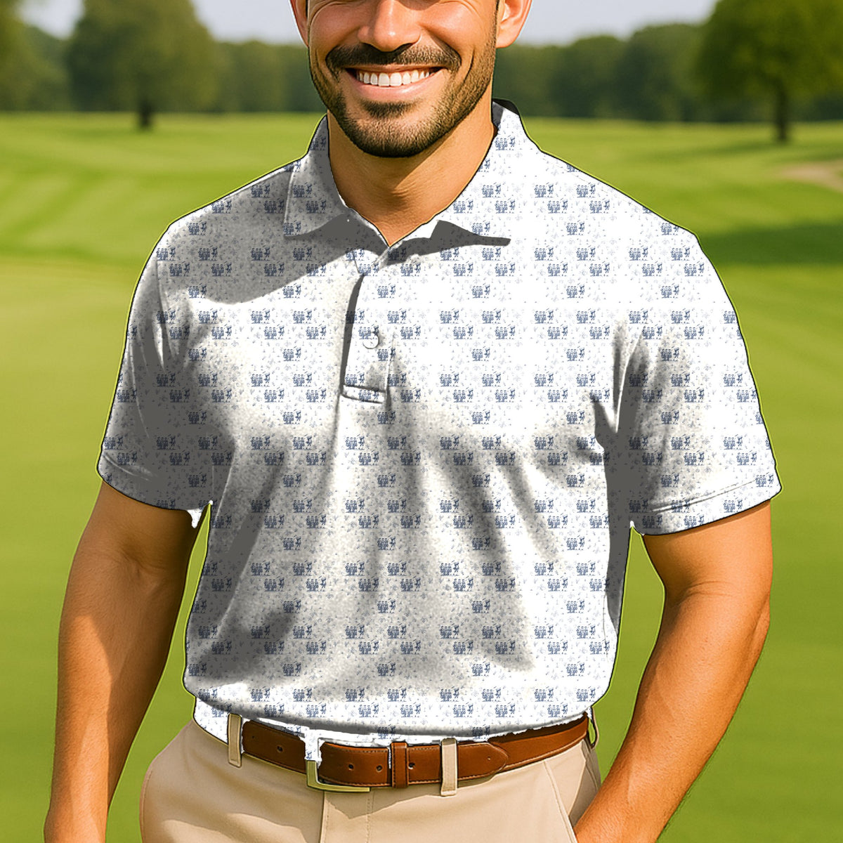 Founding Foursome Toile Performance Print Polo worn on the golf course