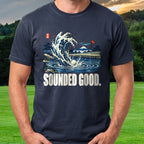 Sounded Good Woodblock Tee worn on the golf course, Navy
