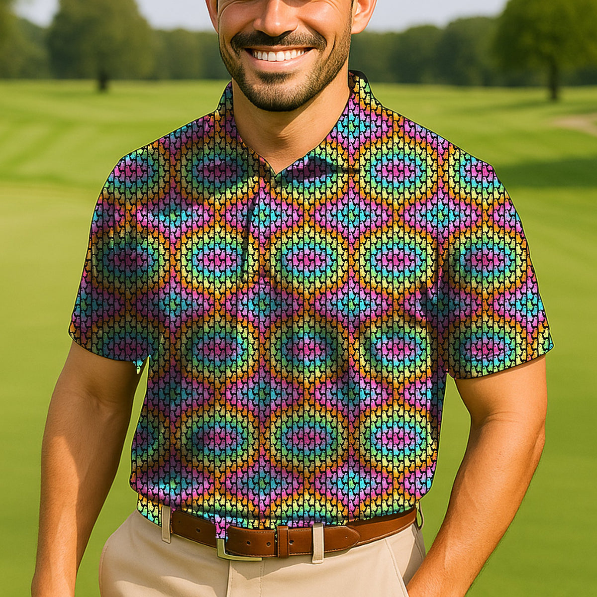 Rainbow Ghosts Performance Print Polo worn on the golf course