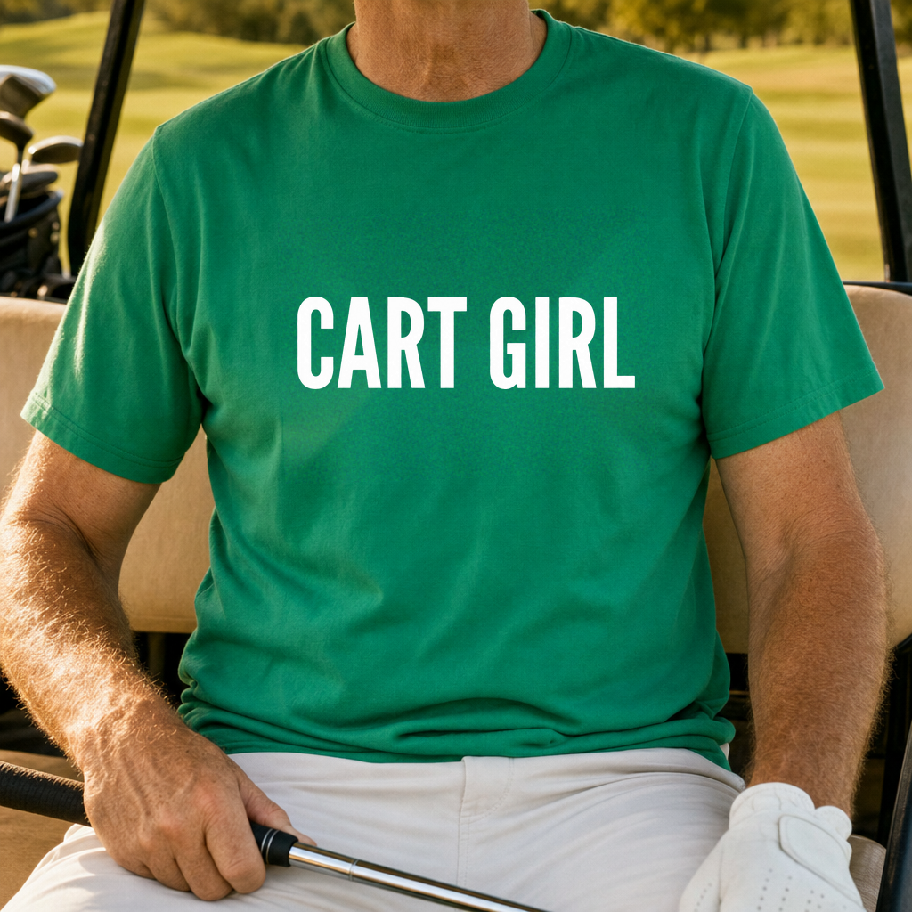 CART GIRL Dimples Tee worn on the golf course, Irish Green