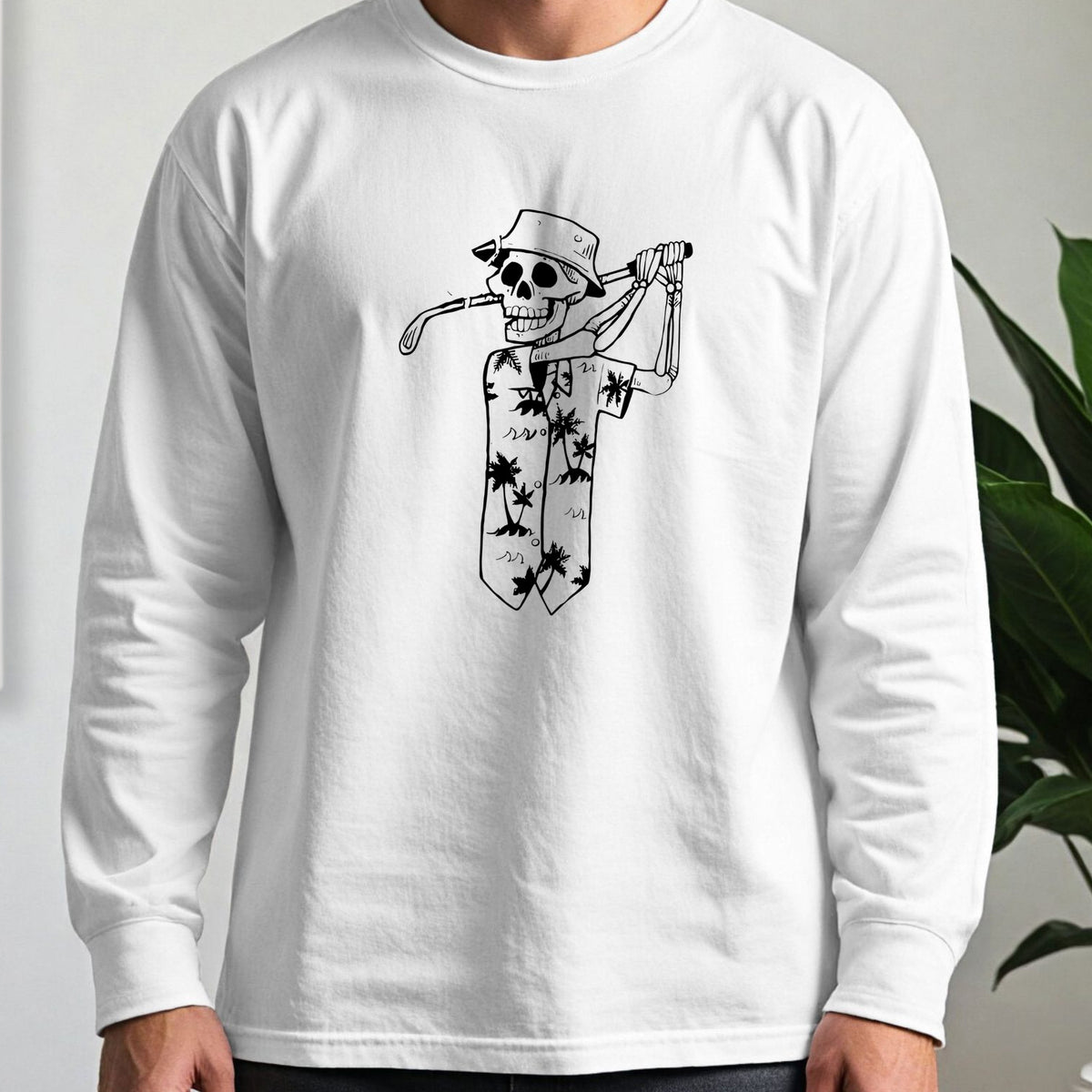 Tropical Skeleton Long Sleeve Tee worn, White