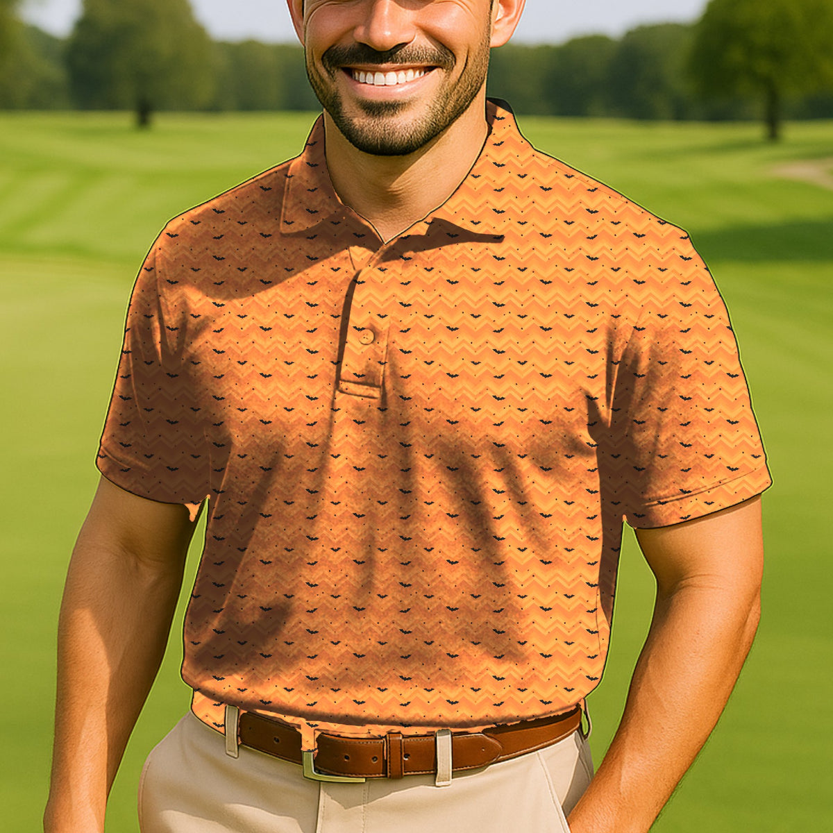 Halloween Bats Performance Print Polo worn on the golf course