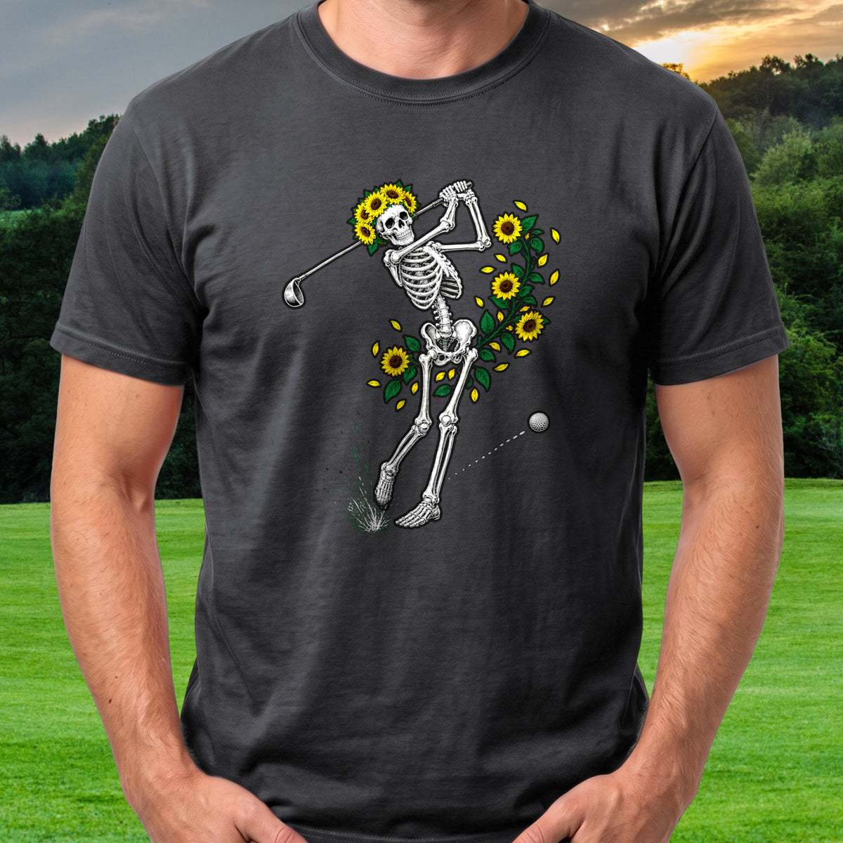 Sunflower Skeleton Swing Tee worn on the golf course, Black