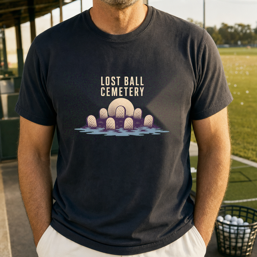 Lost Ball Cemetery Tee worn on the golf course, Black
