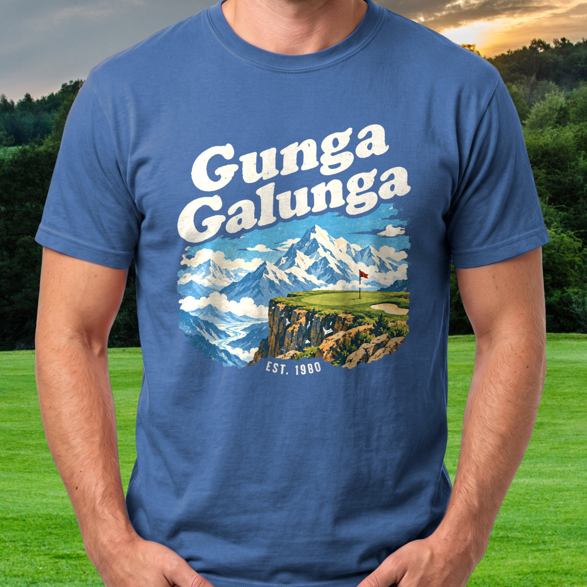 Gunga Galunga Travel Poster Tee worn on the golf course, Royal