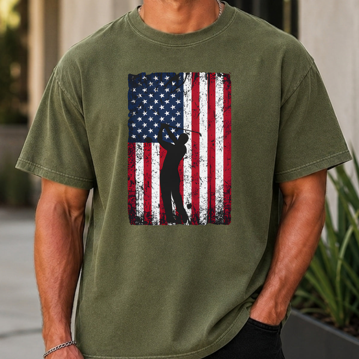 Flag Swing Premium Tee worn, Moss