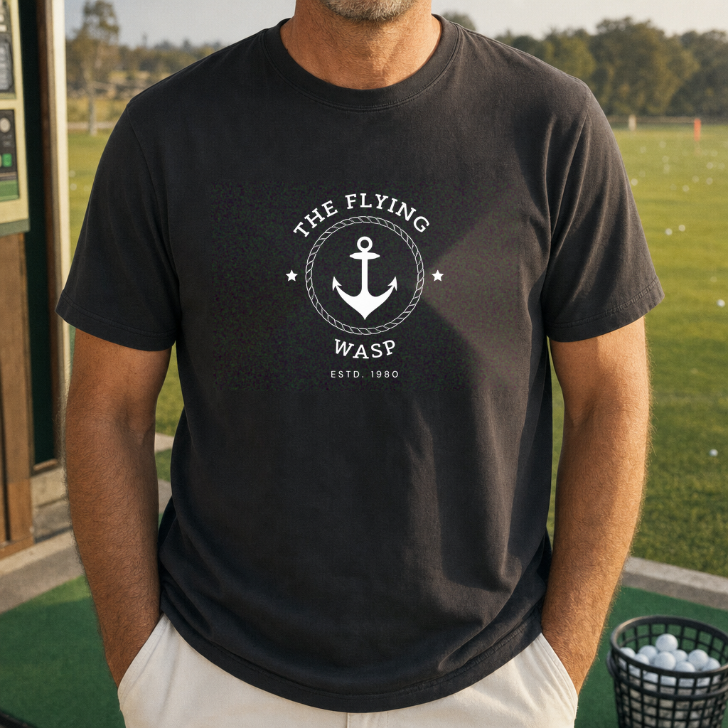The Flying Wasp Heavyweight Tee worn on the golf course, True Navy