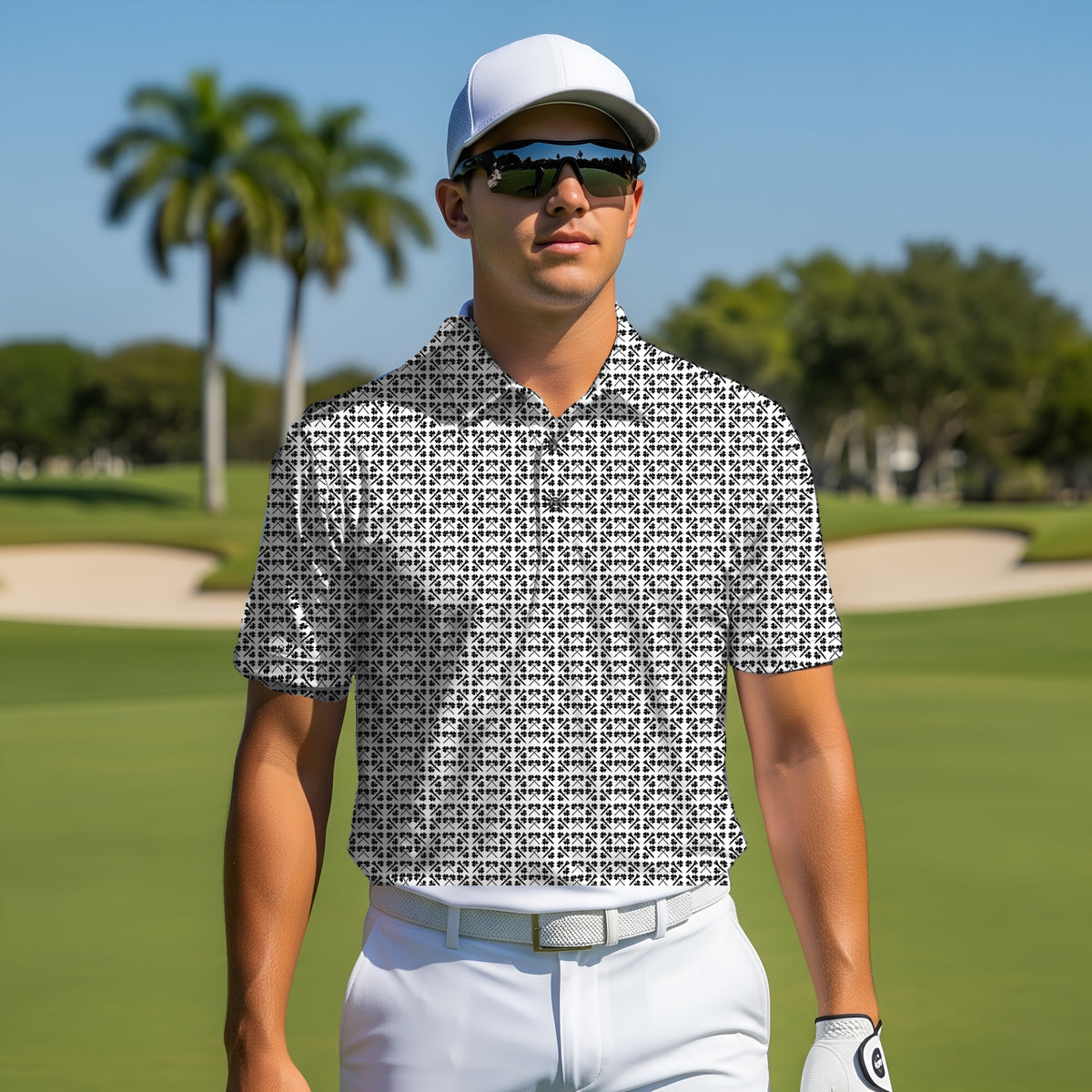 Lucky Clubs Performance Print Polo worn on the golf course