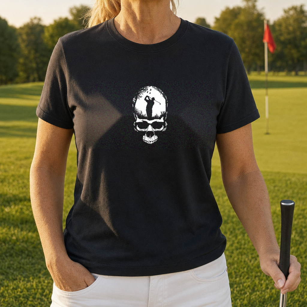 Skull Silhouette Tee worn on the golf course, Black