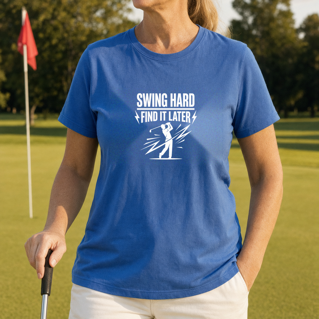 Find It Later Tee worn on the golf course, Royal