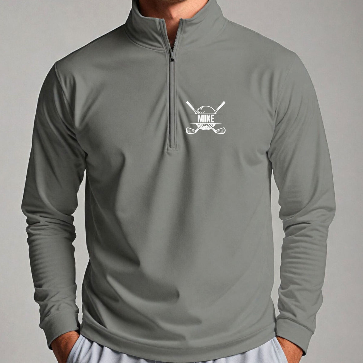 Personalized Crest Quarter Zip worn, Sport Grey
