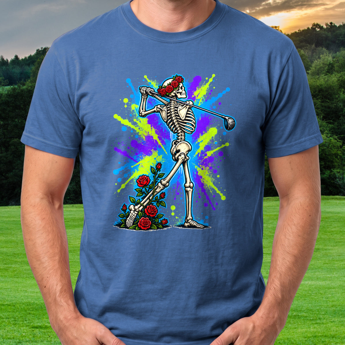 Rose Skeleton Follow Through Graffiti Tee worn on the golf course, Royal