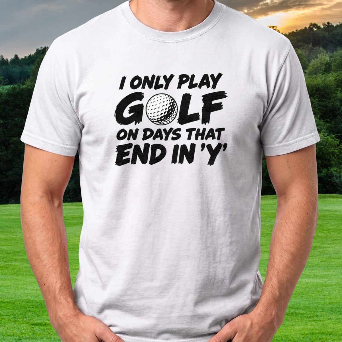 Days That End In Y Tee worn on the golf course, White