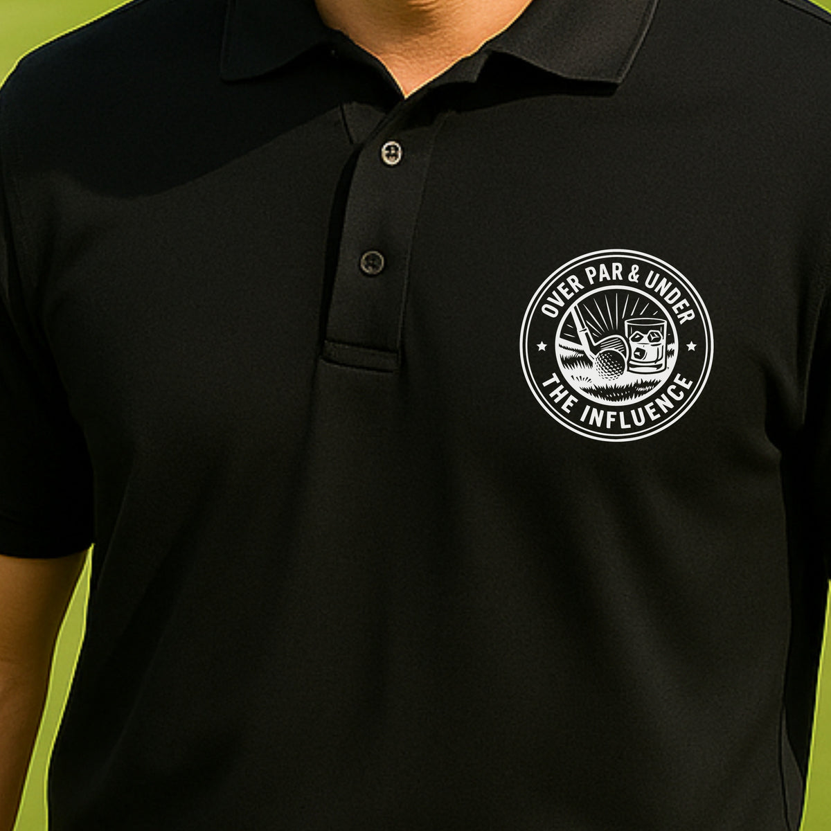 Over Par & Under The Influence Performance Polo worn on the golf course, Black