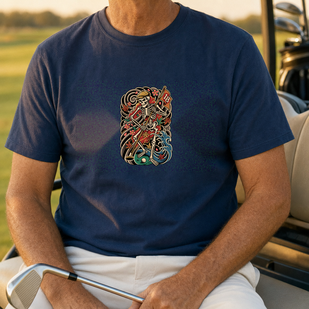 Japanese Tattoo Skeleton Tee worn on the golf course, Navy