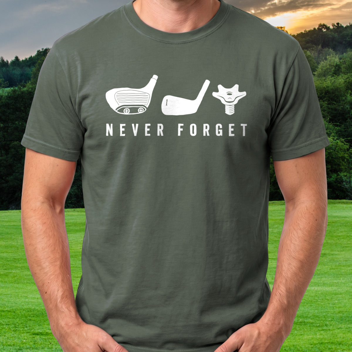Never Forget Tee worn on the golf course, Military Green