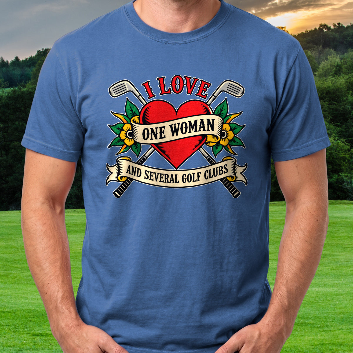 I Love One Woman Tattoo Tee worn on the golf course, Royal