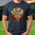 Skeleton Swing Sunset Tie-Dye Tee worn on the golf course, Navy