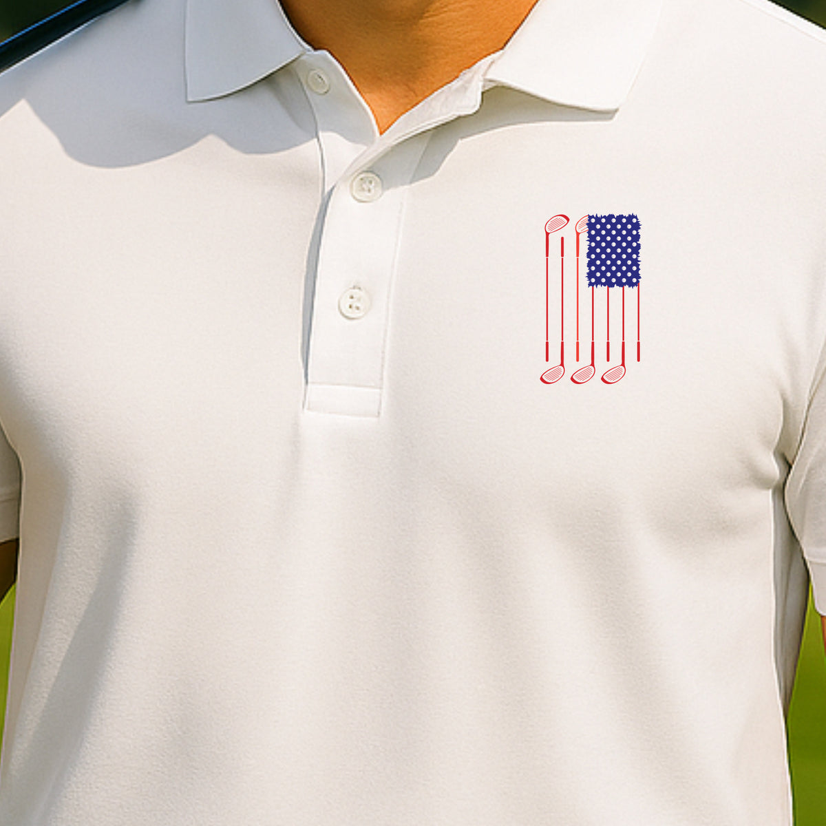 USA Flag Clubs & Balls Performance Polo worn on the golf course, White