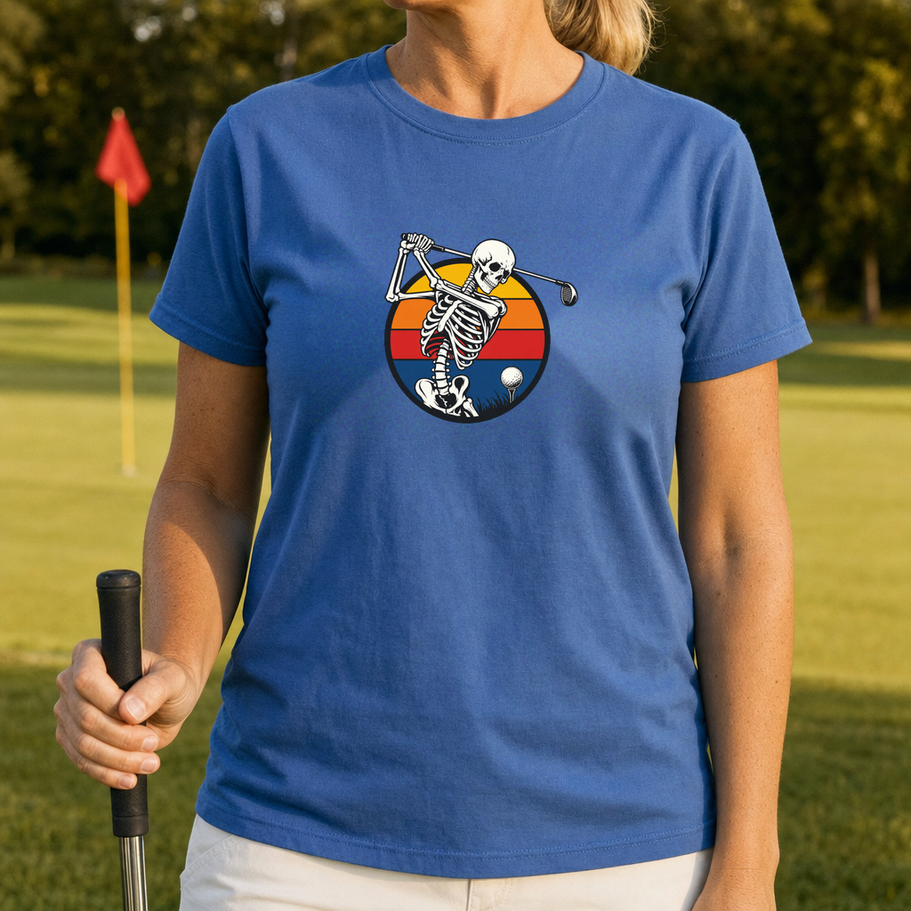 Sunset Skeleton Swing Tee worn on the golf course, Royal