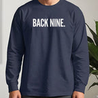 Back Nine Long Sleeve Tee worn, Navy
