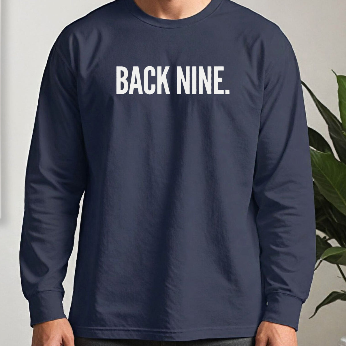 Back Nine Long Sleeve Tee worn, Navy