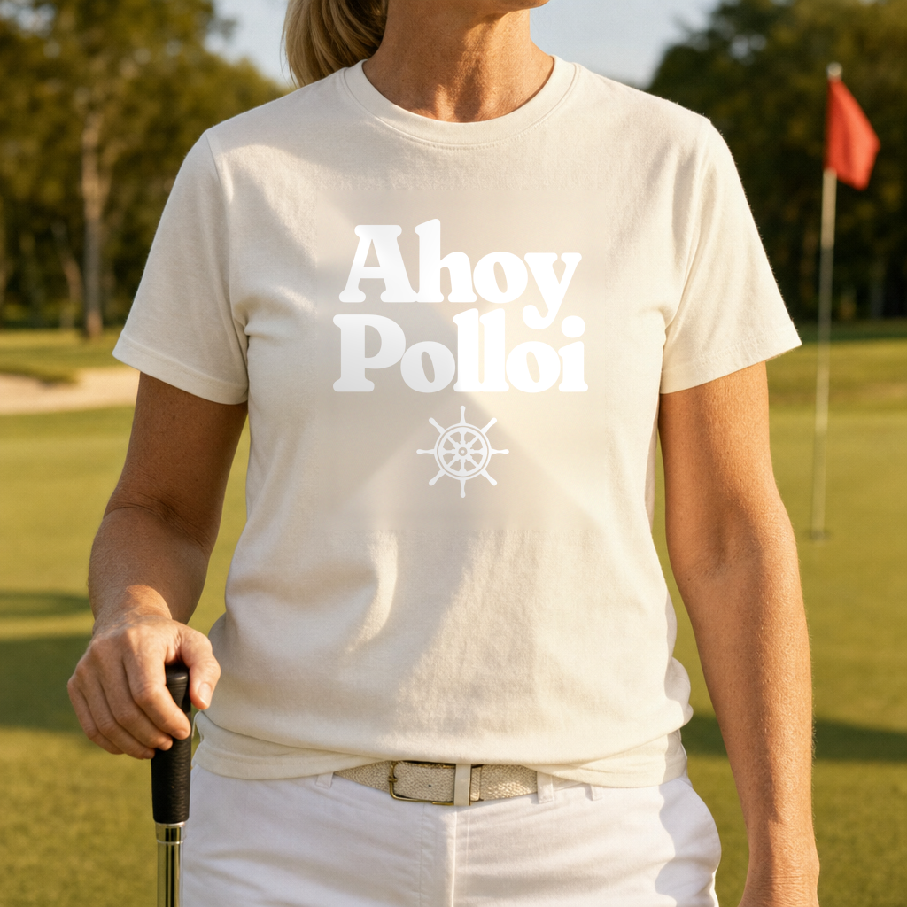 Ahoy Polloi Heavyweight Tee worn on the golf course, Ivory