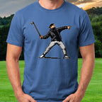 Club Thrower 8-Bit Tee worn on the golf course, Royal